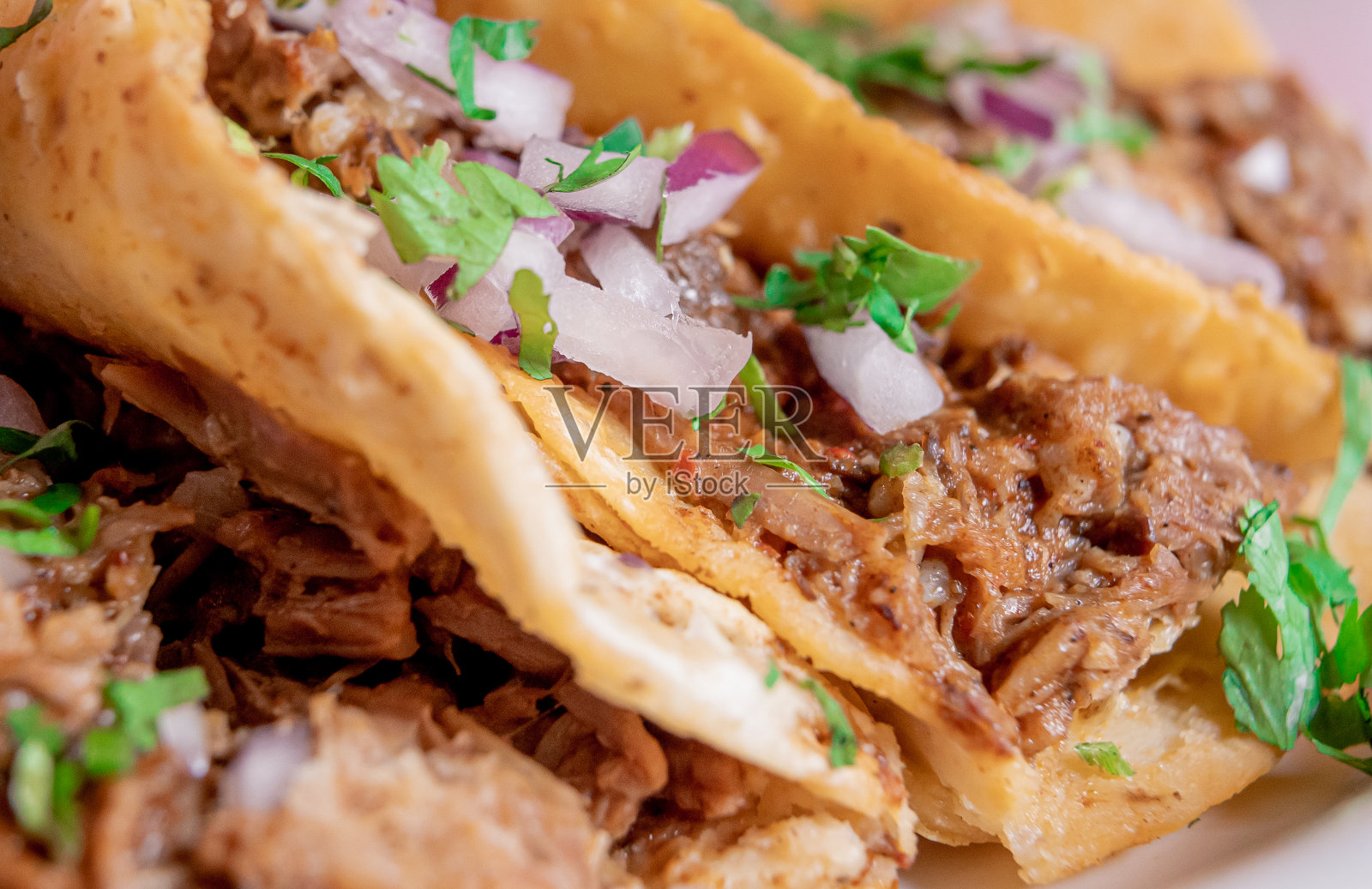 精致的墨西哥玉米卷与香菜和洋葱在顶部近距离概念。照片摄影图片