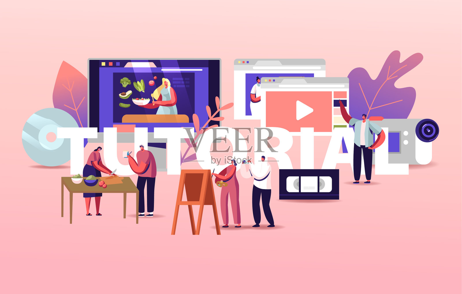 角色们观看在线教程视频插画图片素材