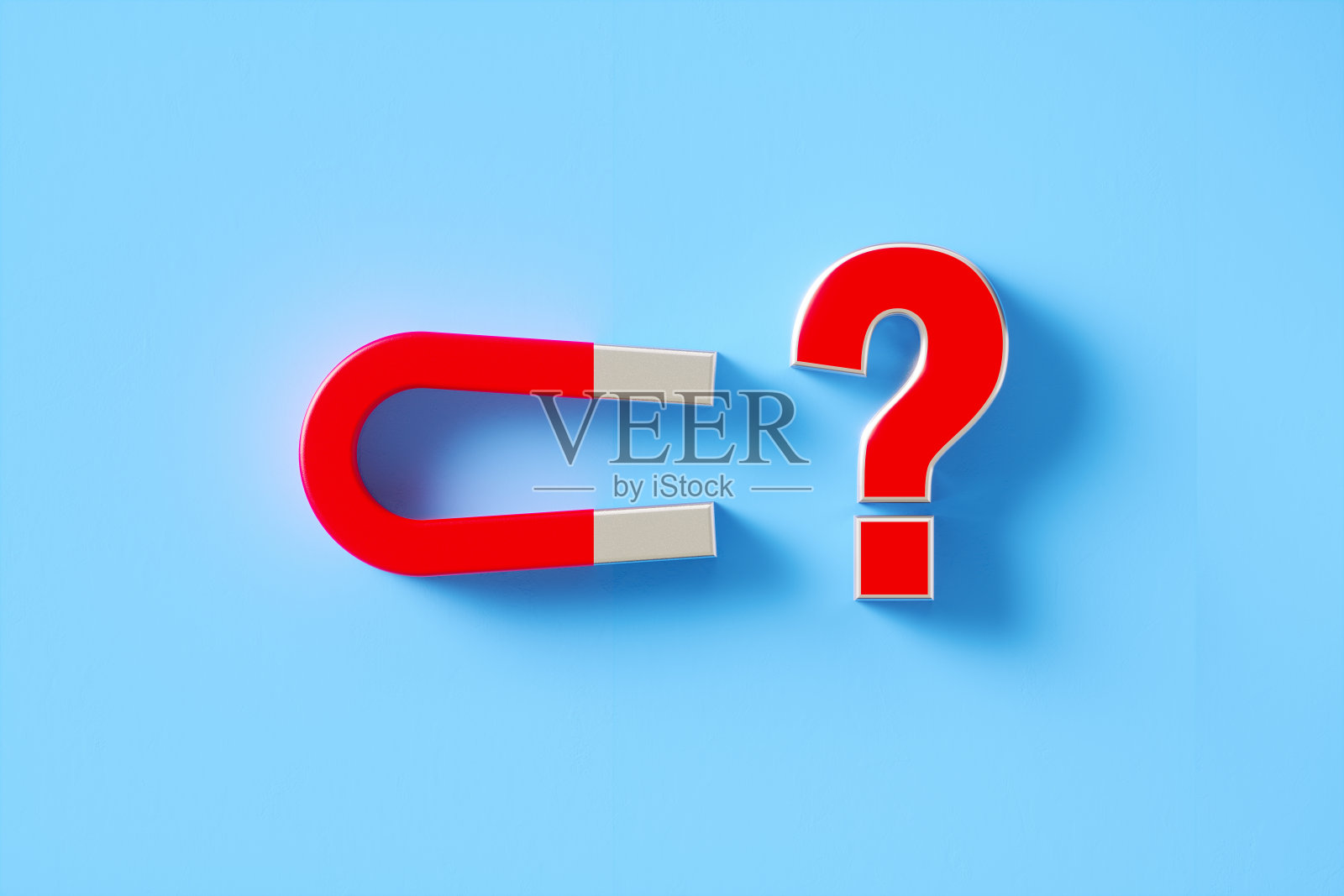 数字营销概念-红色问号符号被蓝色背景上的红色磁铁吸引照片摄影图片