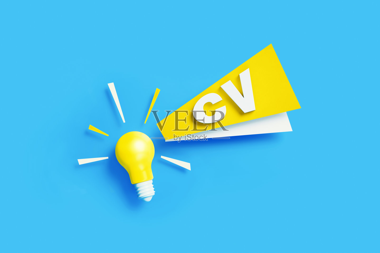 创意和CV概念-灯泡与白色CV文本坐在蓝色背景照片摄影图片