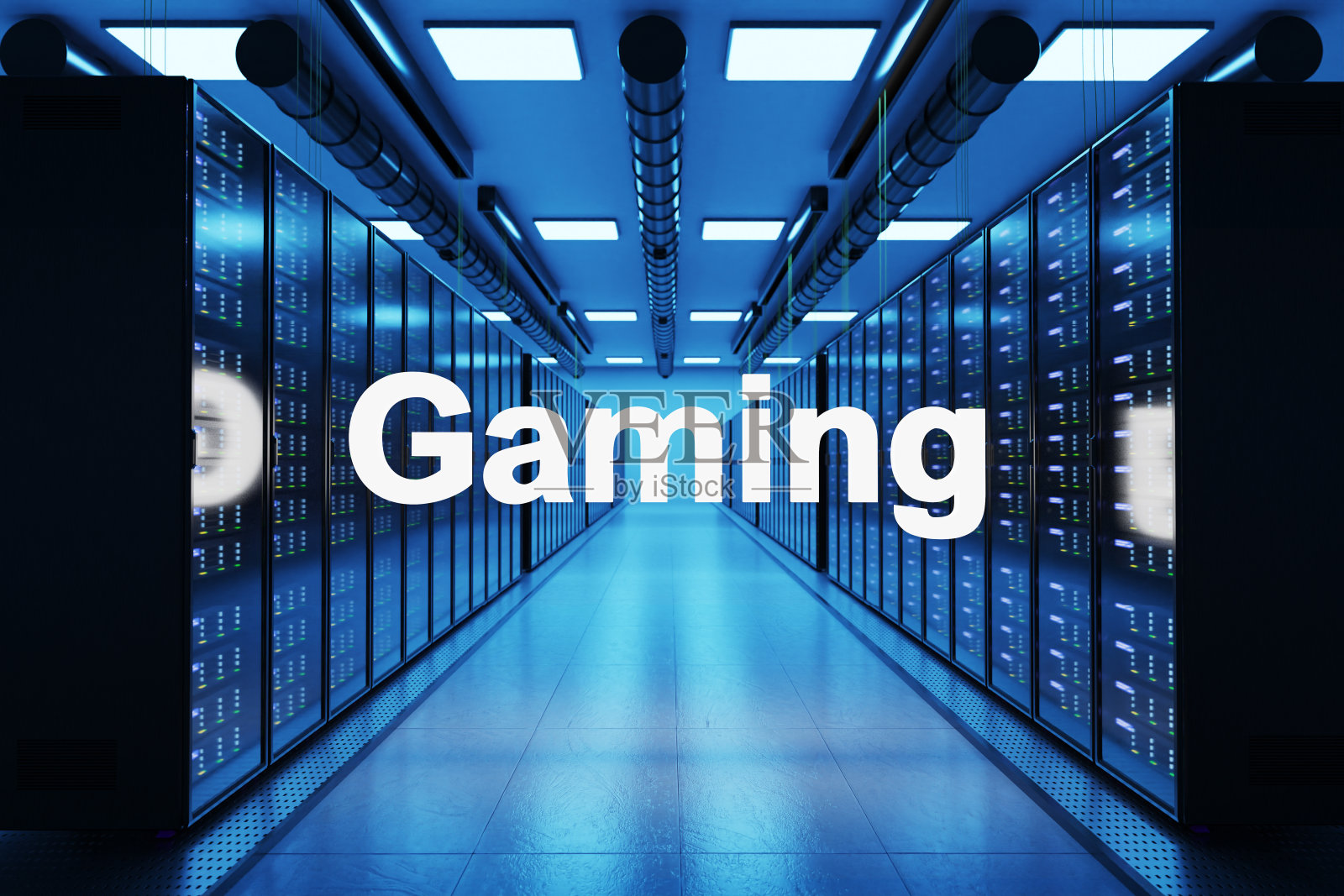 游戏标志在大型现代数据中心与多排网络互联网服务器机架，3D插图照片摄影图片
