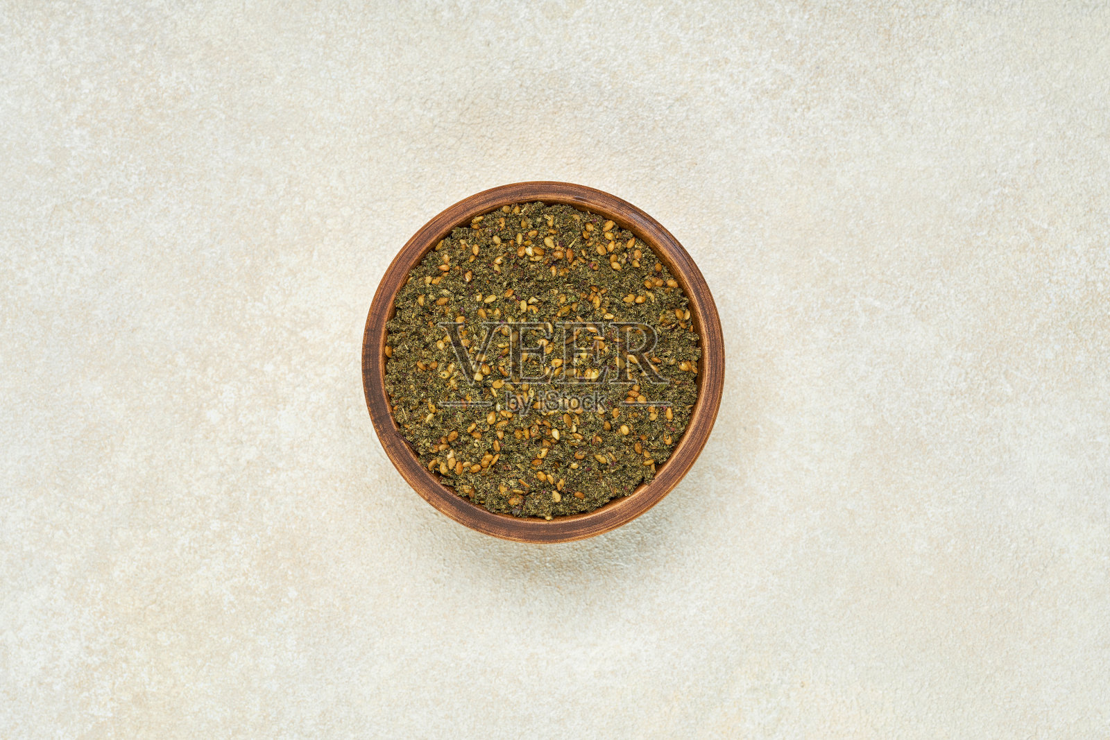 木碗里的混合香料扎塔尔，顶部视图，复制空间照片摄影图片