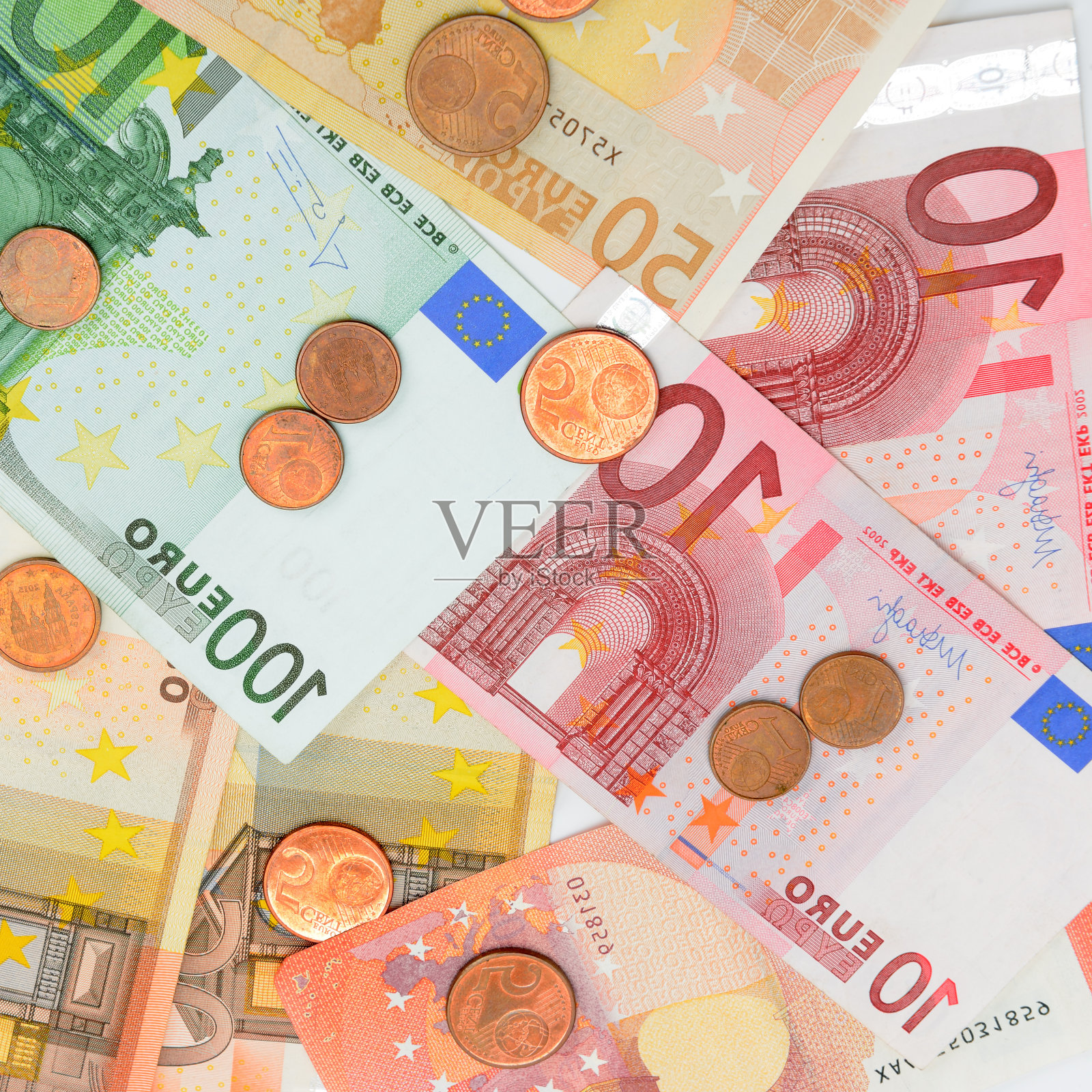 欧洲国家的货币。现金，纸币和金属美分。照片摄影图片