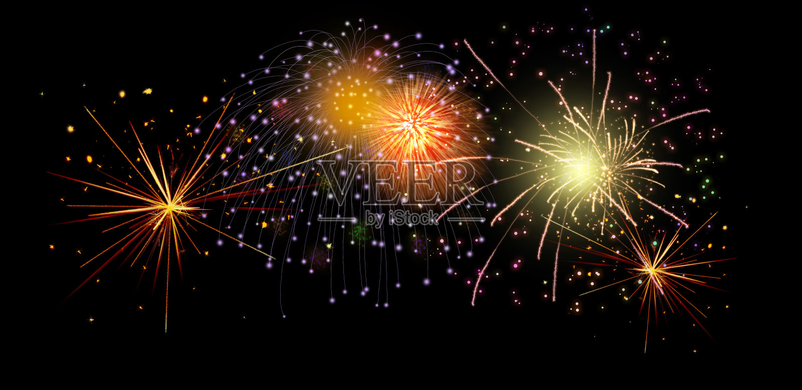 美丽明亮的烟花在黑色的背景。插图照片摄影图片