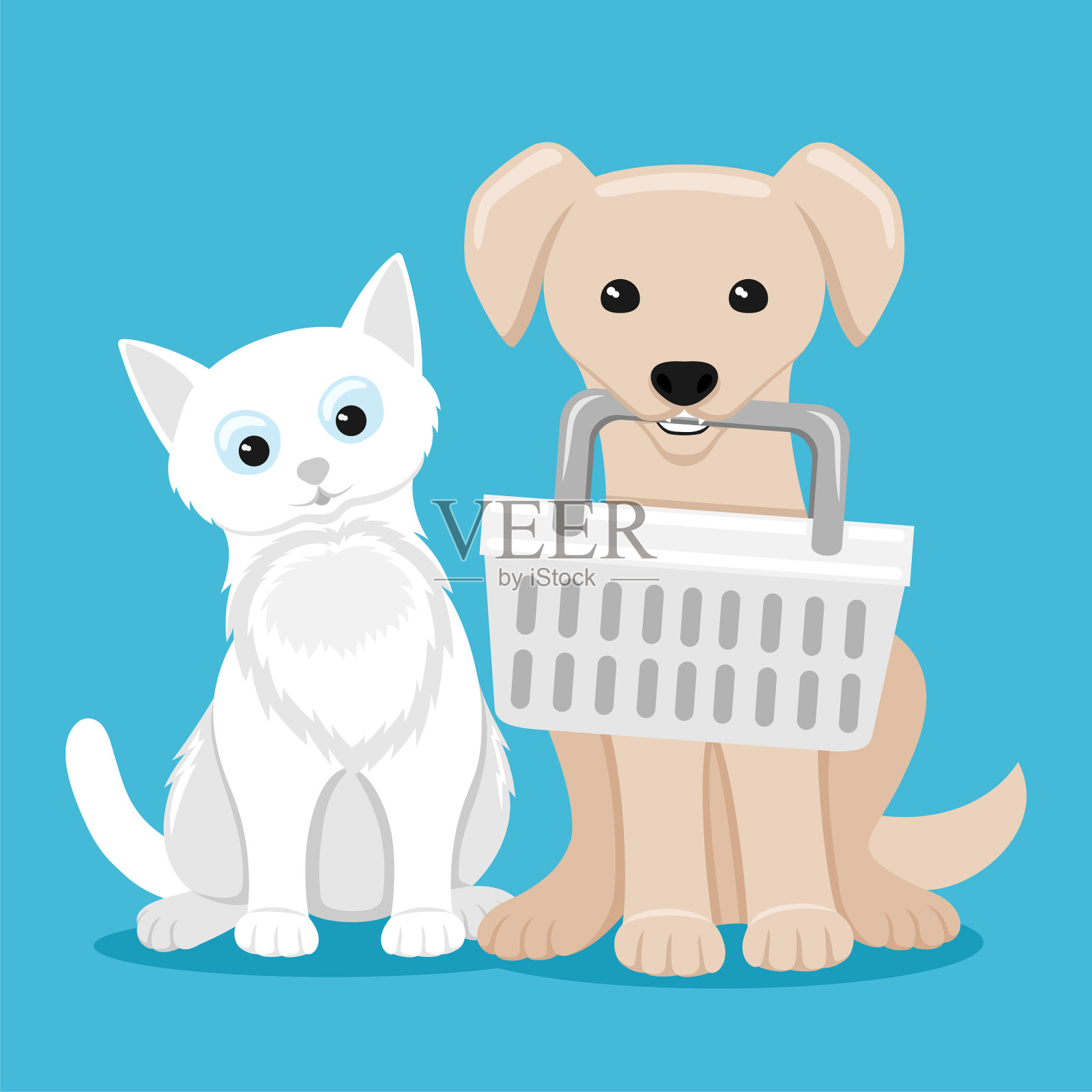 可爱的猫和狗与篮子插画图片素材