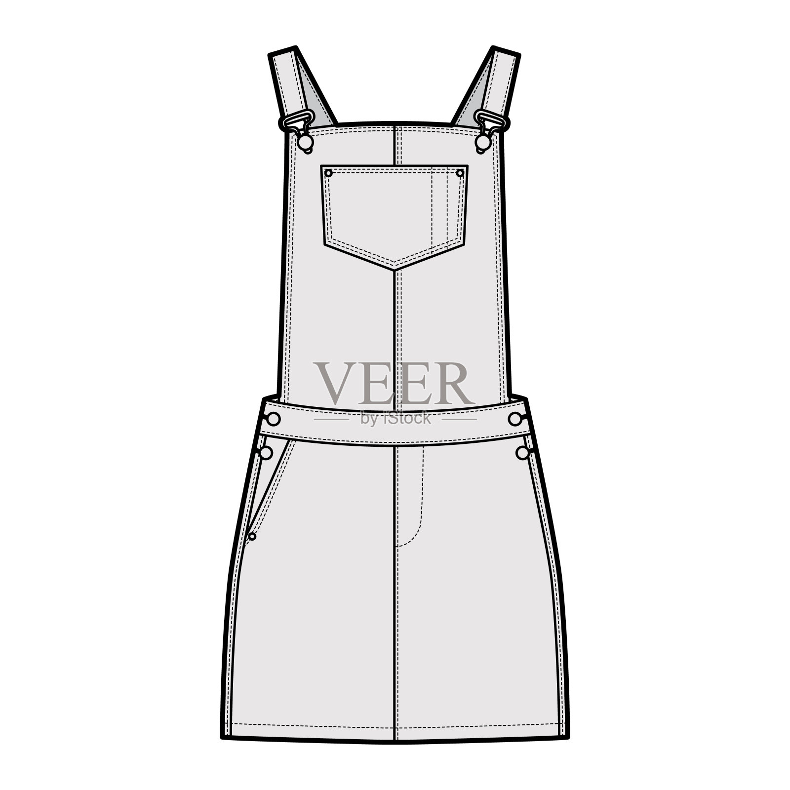 工装裤连体裤技术时尚插画，迷你长，正常腰，高腰，口袋插画图片素材