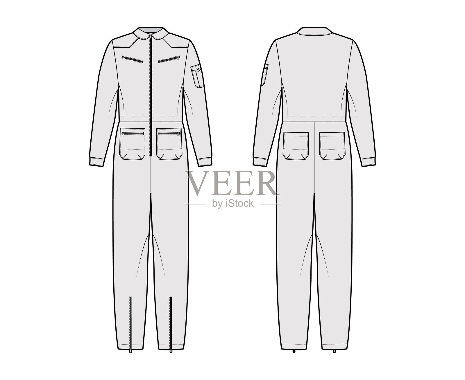 飞行员连体衣整体工装裤技术时尚插图与全长，正常腰，拉链口袋，超大设计元素图片