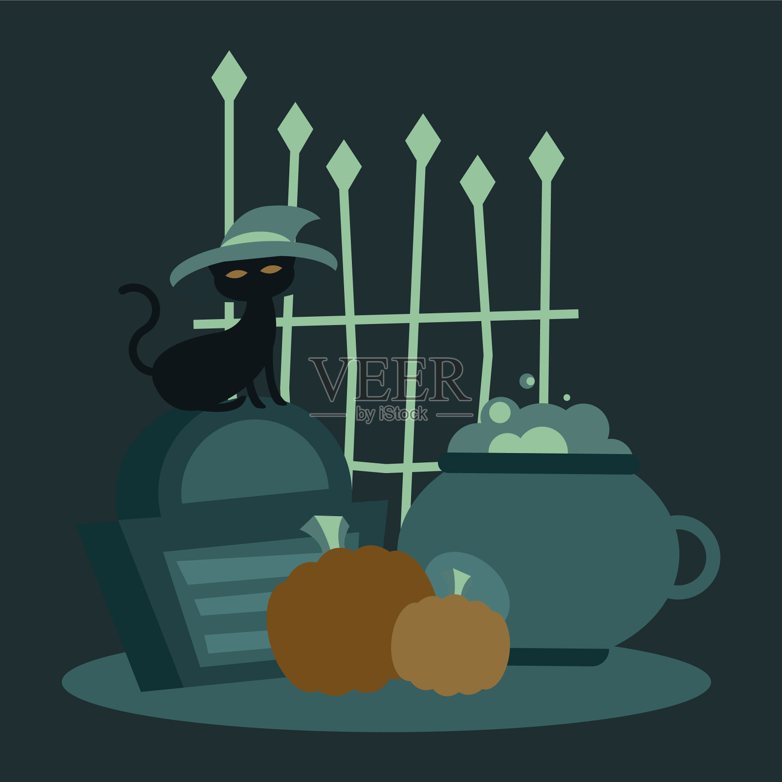 万圣节猫与帽子在坟墓和大门插画图片素材