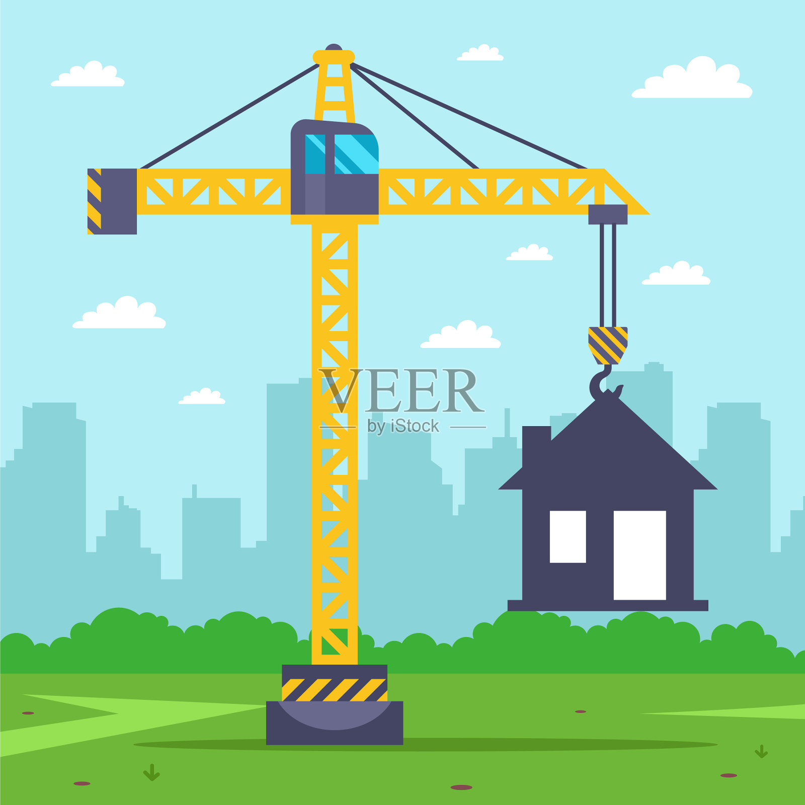 建筑起重机建造乡村房屋插画图片素材