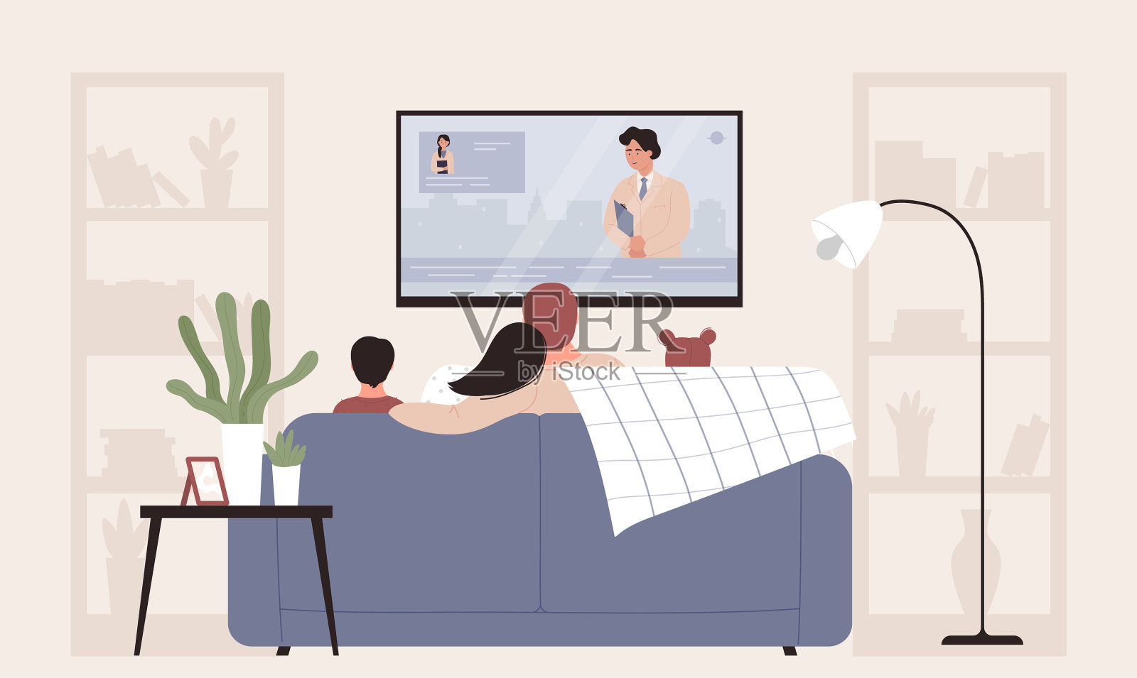 家人在看电视卡通扁平母亲插画图片素材