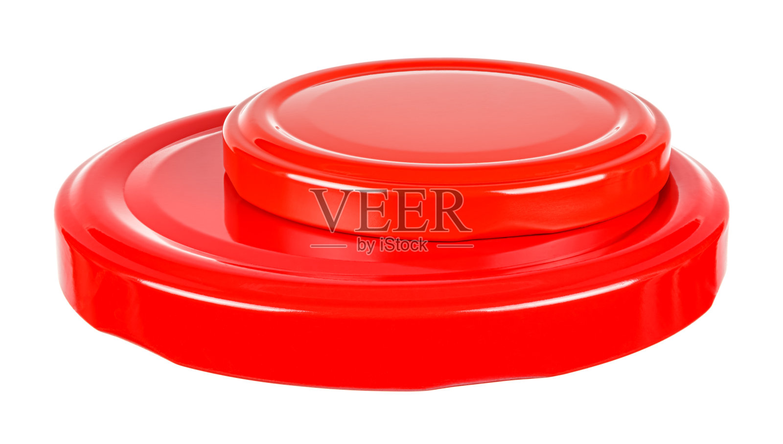 两种不同大小的亮红色锡螺盖玻璃罐隔离在白色背景照片摄影图片