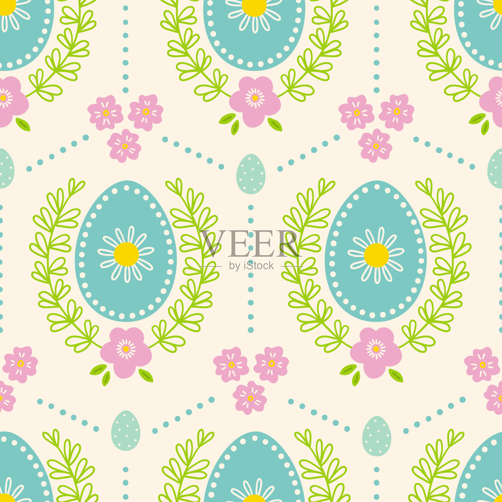 复活节用花、叶、蛋无缝图案。斯堪的纳维亚风格插画图片素材