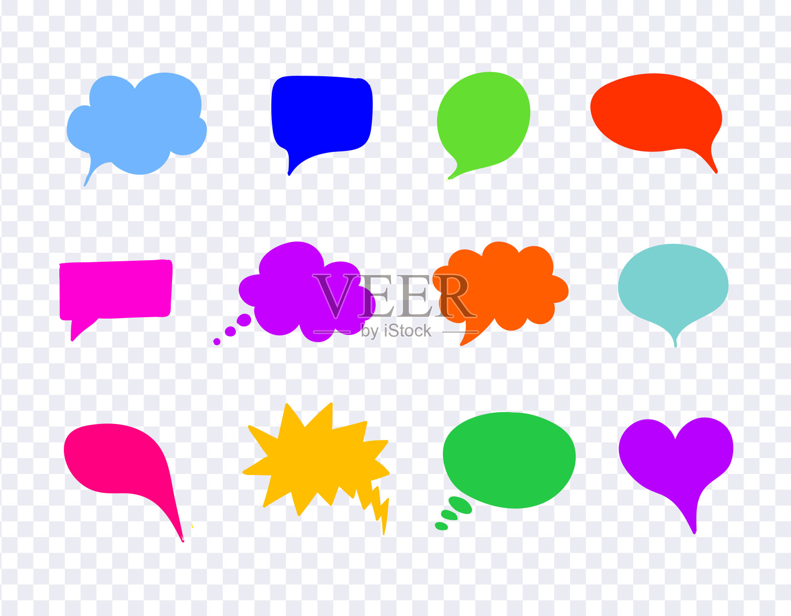 矢量漫画泡泡，彩色的设计元素，谈话泡泡设置在透明的背景。插画图片素材