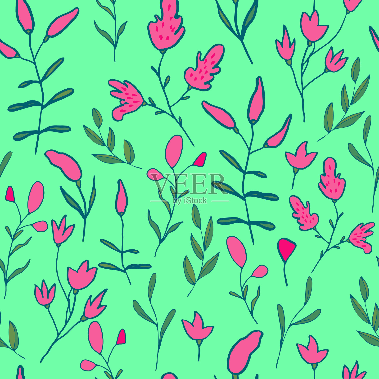 矢量无缝模式小花和小枝插画图片素材