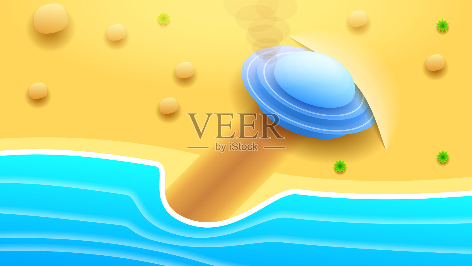 摘要外星人对飞碟的背景梯度不明飞行物Ufo坠毁沙滩水矢量设计风格插画图片素材