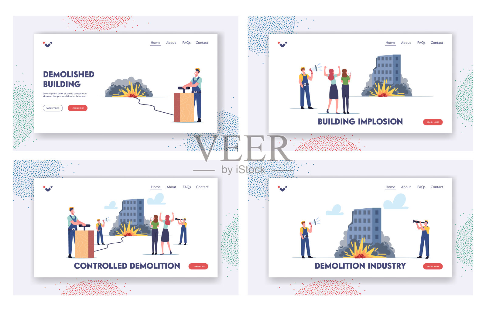 受控建筑拆除登陆页面模板集。用TNT炸药摧毁旧房子设计模板素材