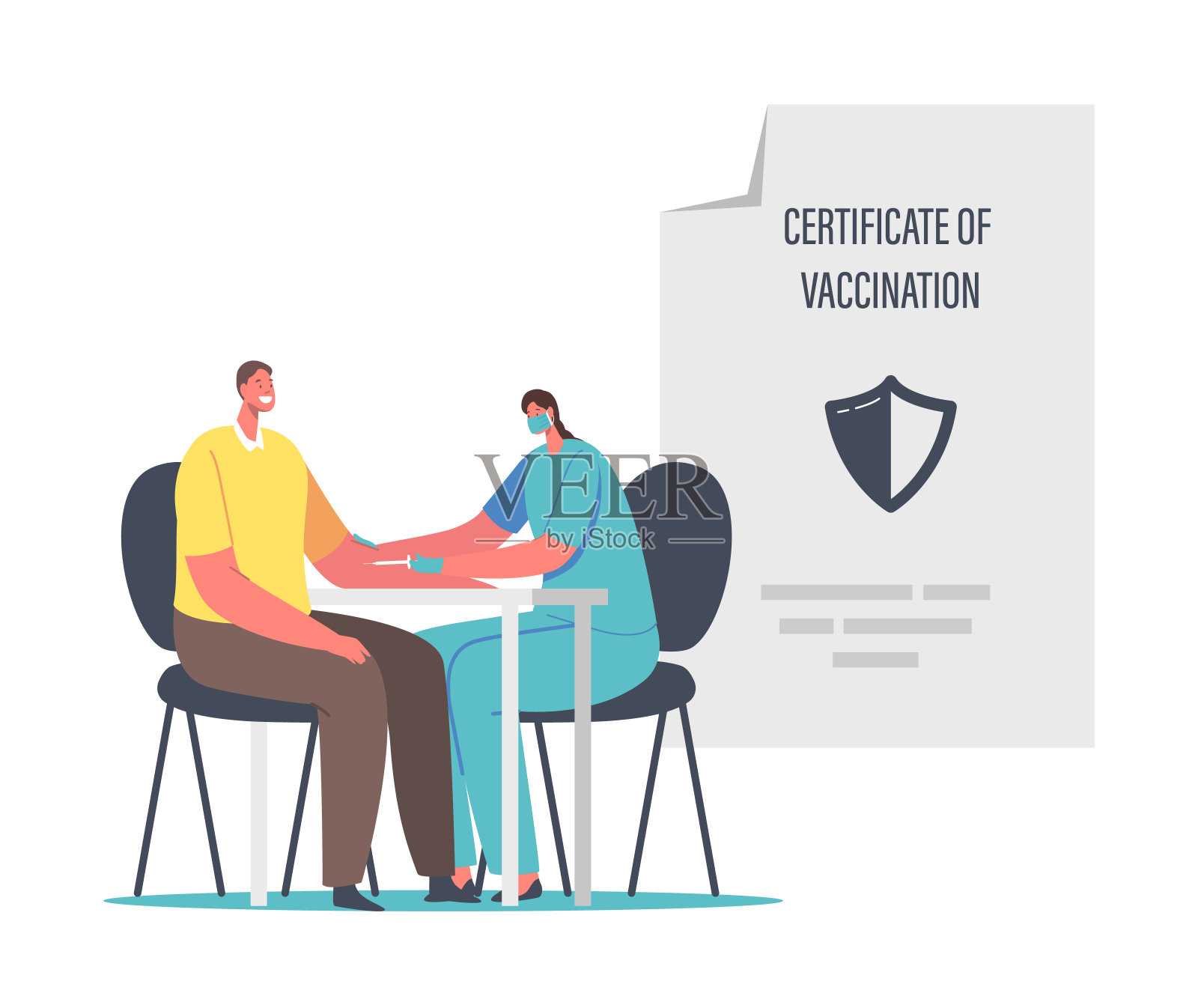 Covid免疫医学证书概念的疫苗接种。医院实验室接种疫苗的男性特征插画图片素材