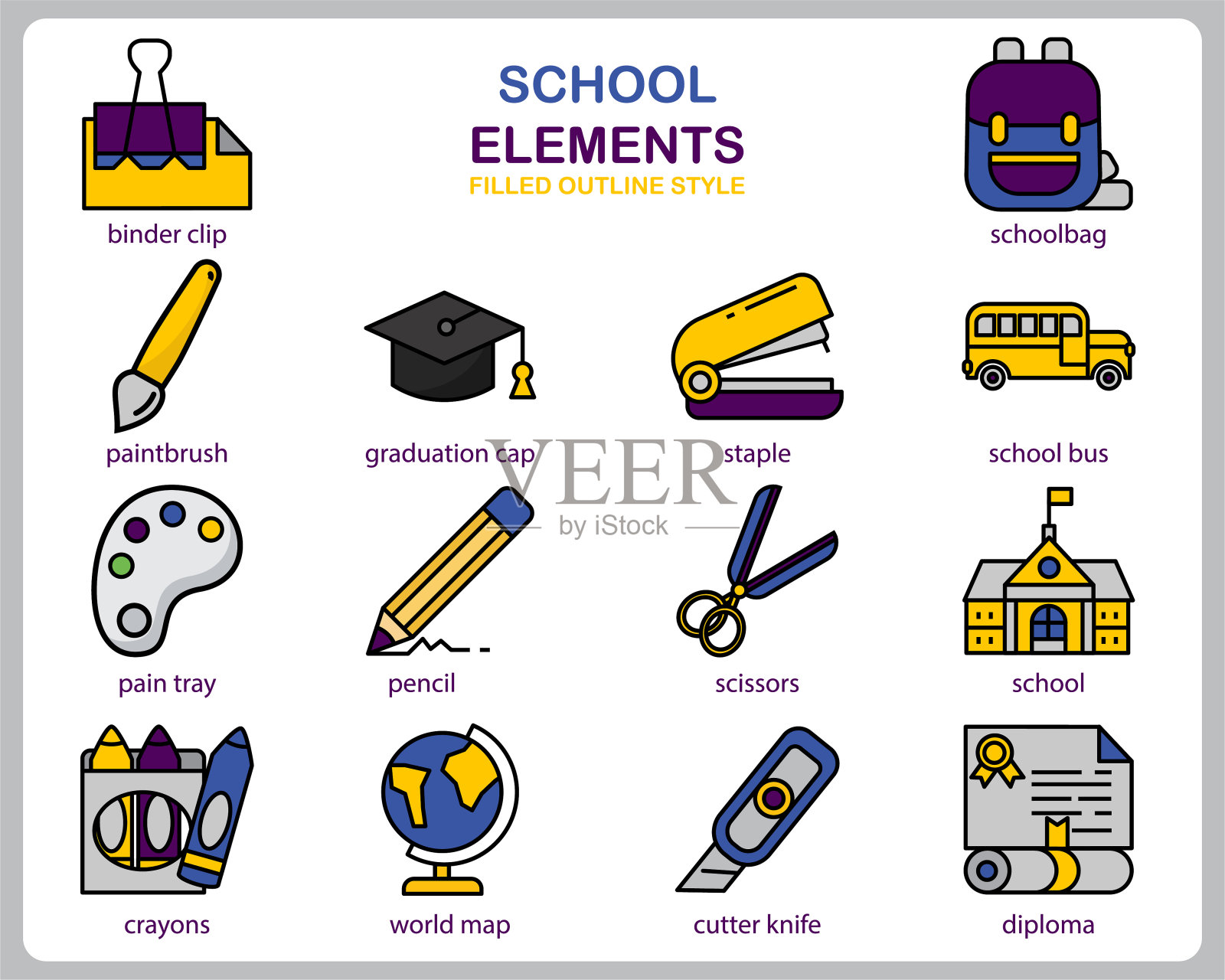学校图标设置为网站，文件，海报设计，印刷，应用。学校概念图标填充轮廓风格。插画图片素材