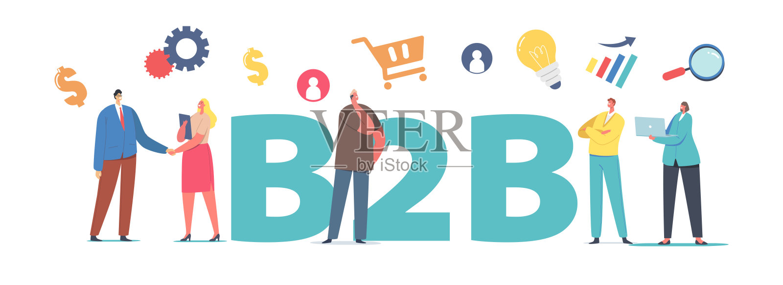 B2B，企业对企业伙伴协作概念。商业人物握手，公司合作插画图片素材