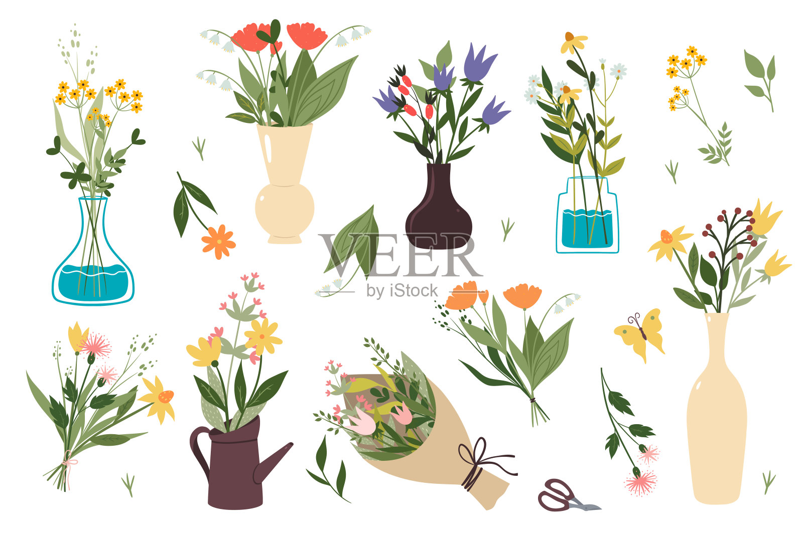 孤立在白色背景上的一束野花。矢量图形。插画图片素材