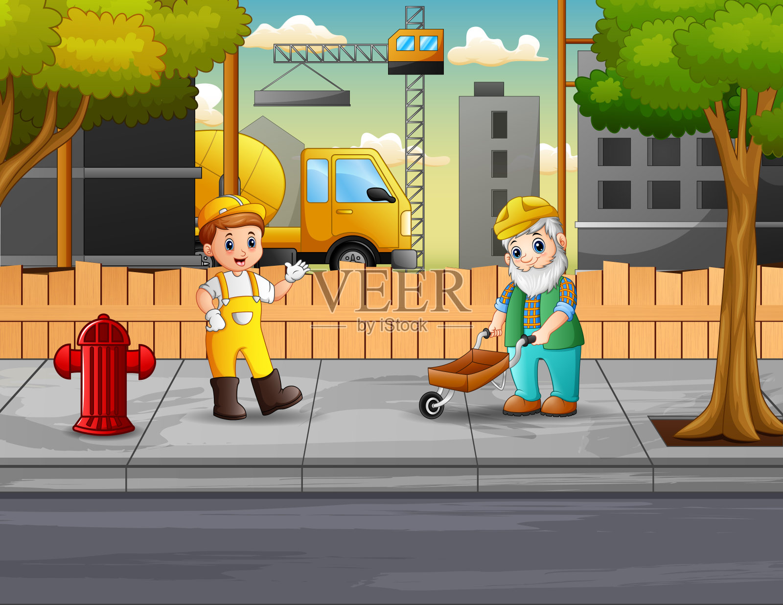 建筑工人们在建筑工地工作插画图片素材