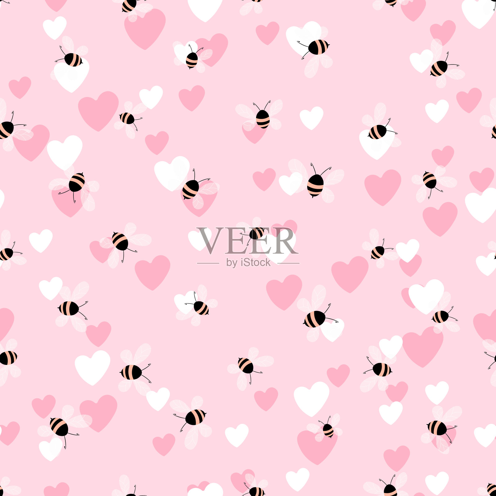 无缝图案与蜜蜂和心脏的颜色背景。小黄蜂。矢量插图。可爱的卡通人物。模板设计的邀请，卡片，纺织品，织物。涂鸦风格插画图片素材