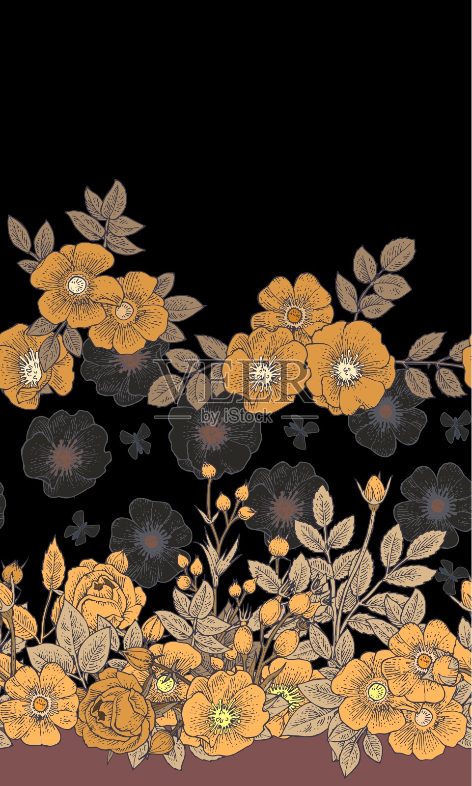 玫瑰果花。无缝的框架。背景说明。手绘轮廓。园林植物的开花抽象工厂图片。向量插画图片素材