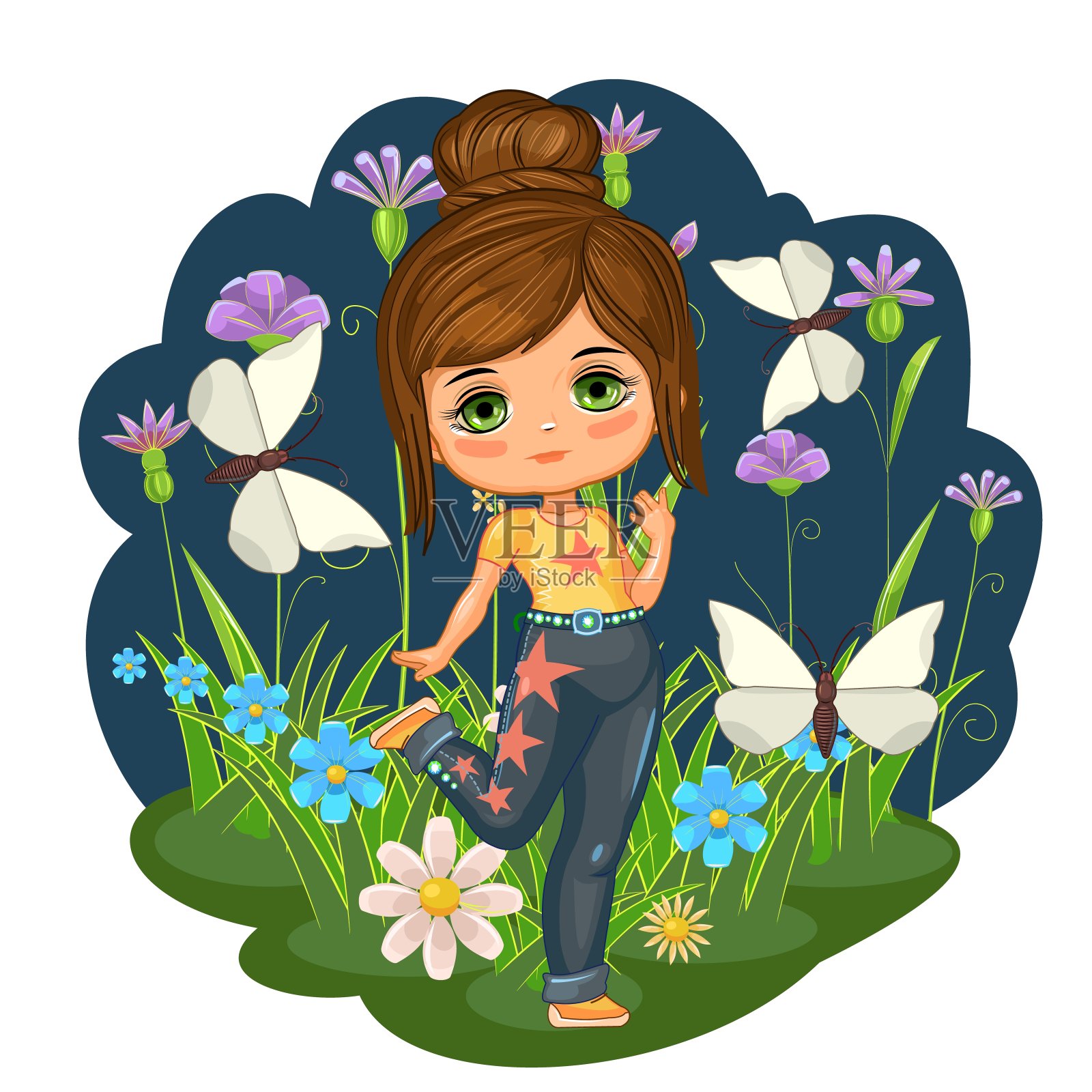 可爱的小女孩穿着缀满星星的牛仔裤。开朗风趣的孩子心情好。白色背景上的孤立物体。穿着沙滩装的婴儿。卡通平的风格。向量插画图片素材