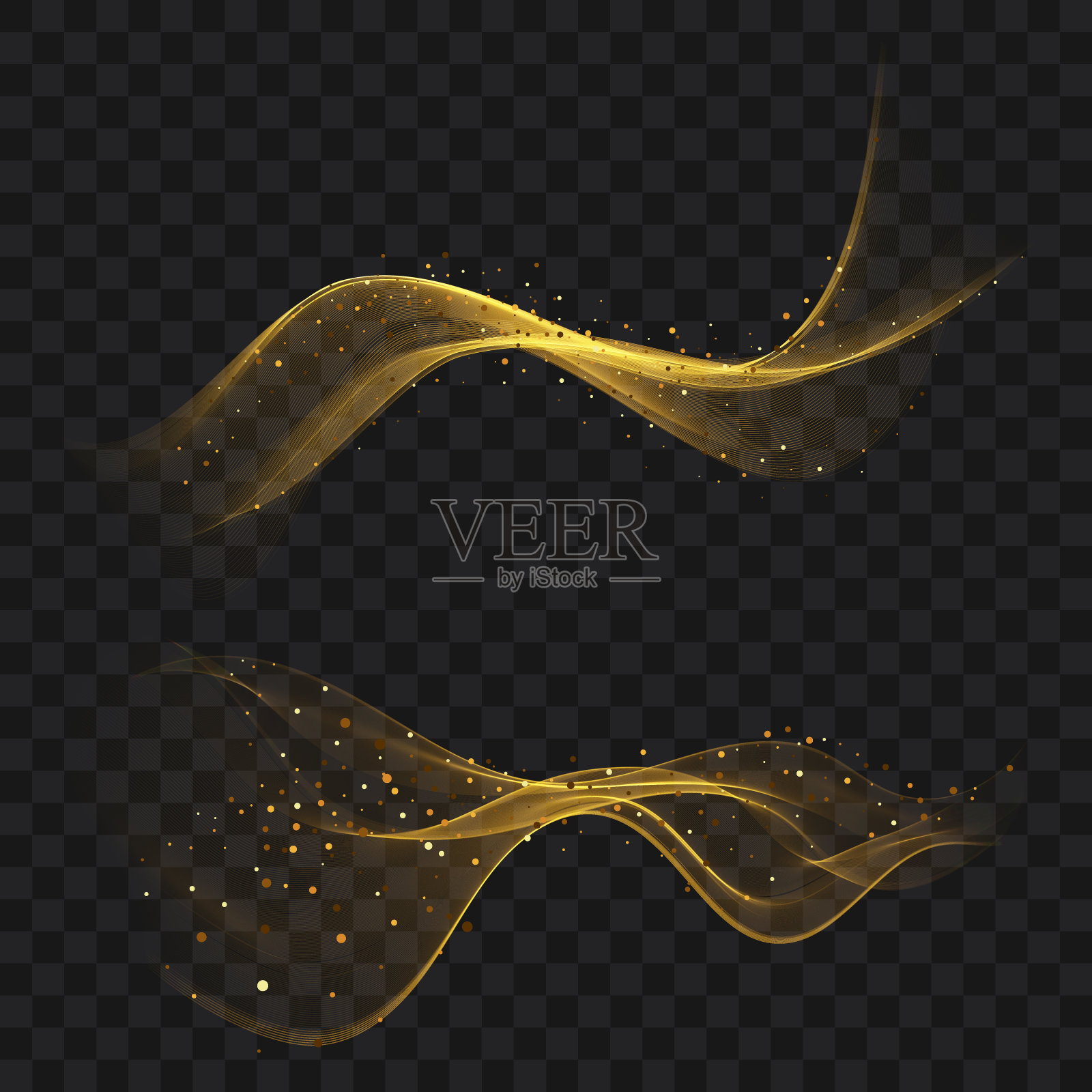 明亮的发光的波流与金色的闪光套波金色元素。插画图片素材