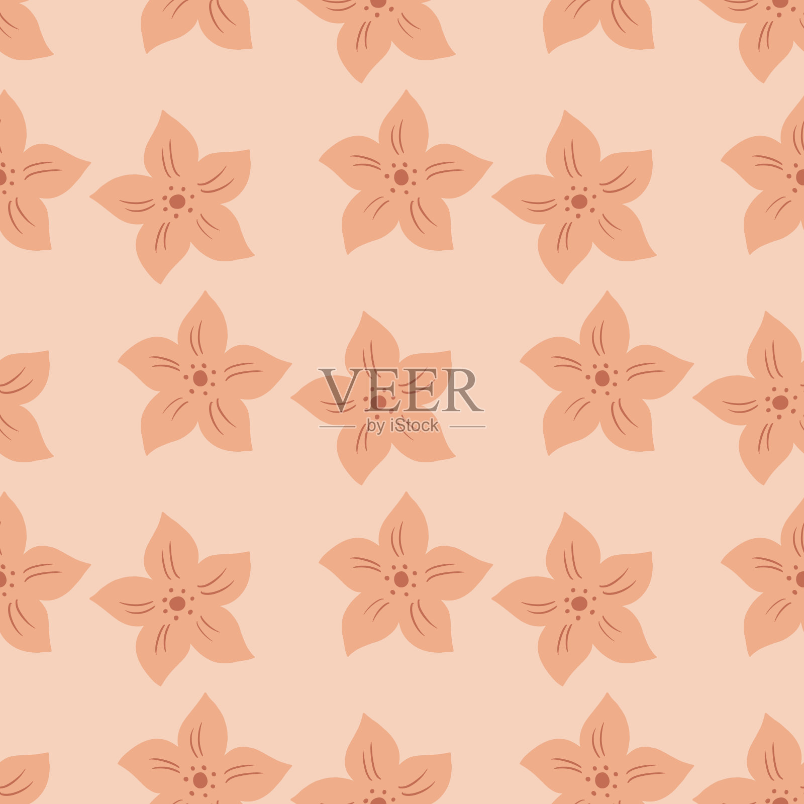 柔和色调无缝图案搭配热带植物花卉点缀。粉红色的苍白的调色板。手绘的风格。插画图片素材