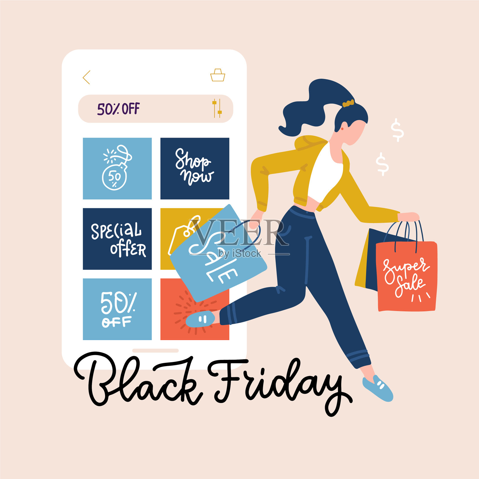 黑色星期五广场横幅智能手机与插画图片素材