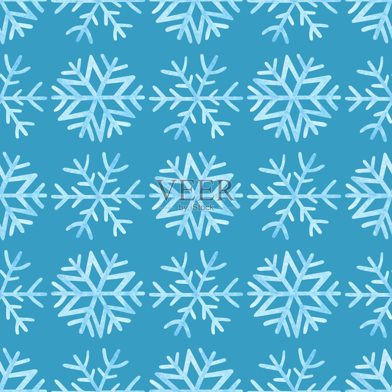 无缝模式与浅蓝色雪花在蓝色背景。圣诞水彩插图与雪花。印刷包装纸，卡片，横幅，海报，网络，织物，请柬。插画图片素材