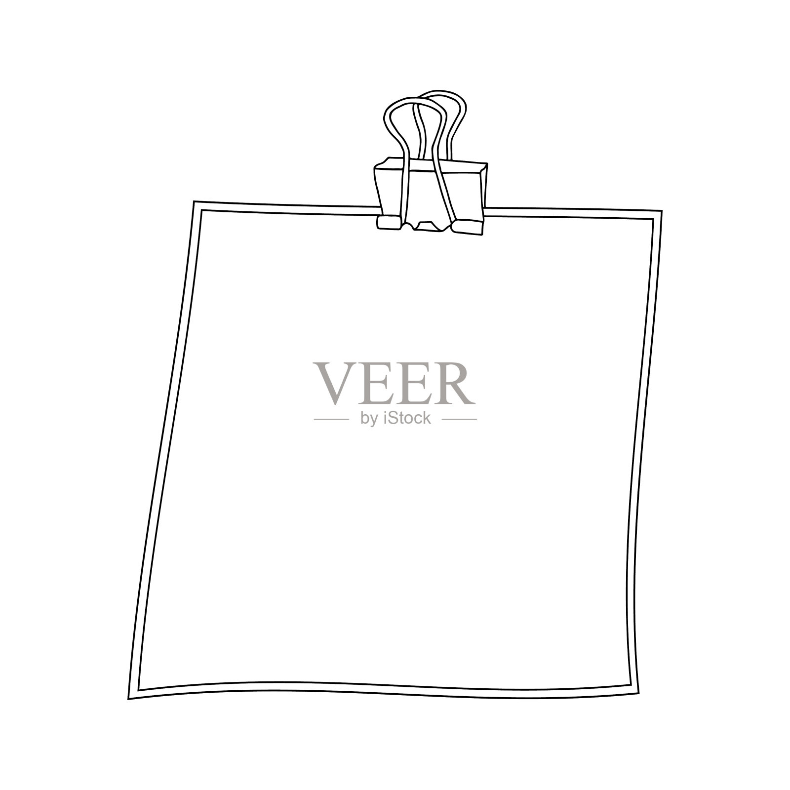 手绘黑色矢量插图的金属活页夹与一张纸的拷贝空间隔离在白色背景插画图片素材