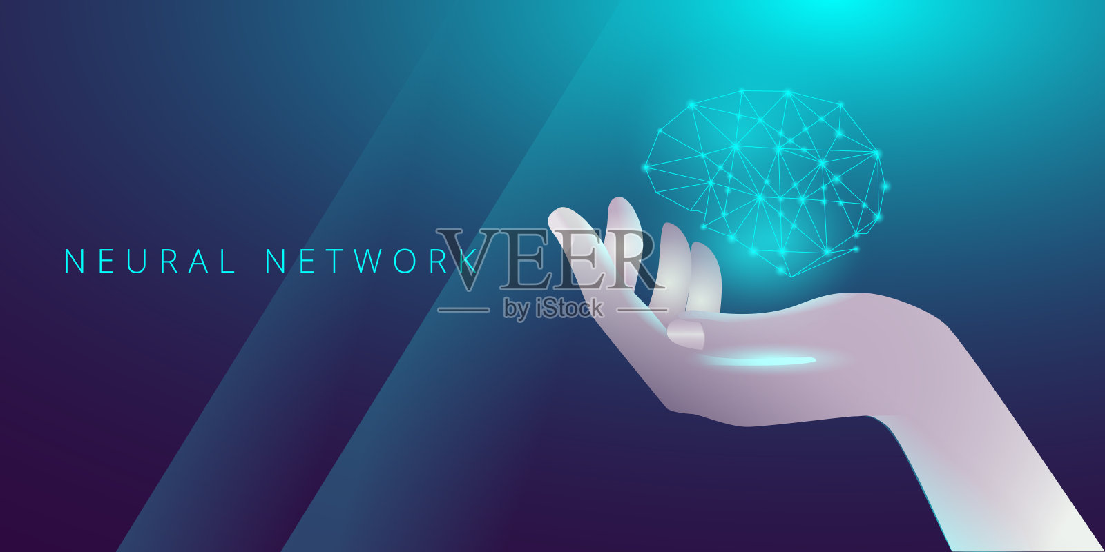 手握着一个悬浮的大脑形式的神经网络。插画图片素材