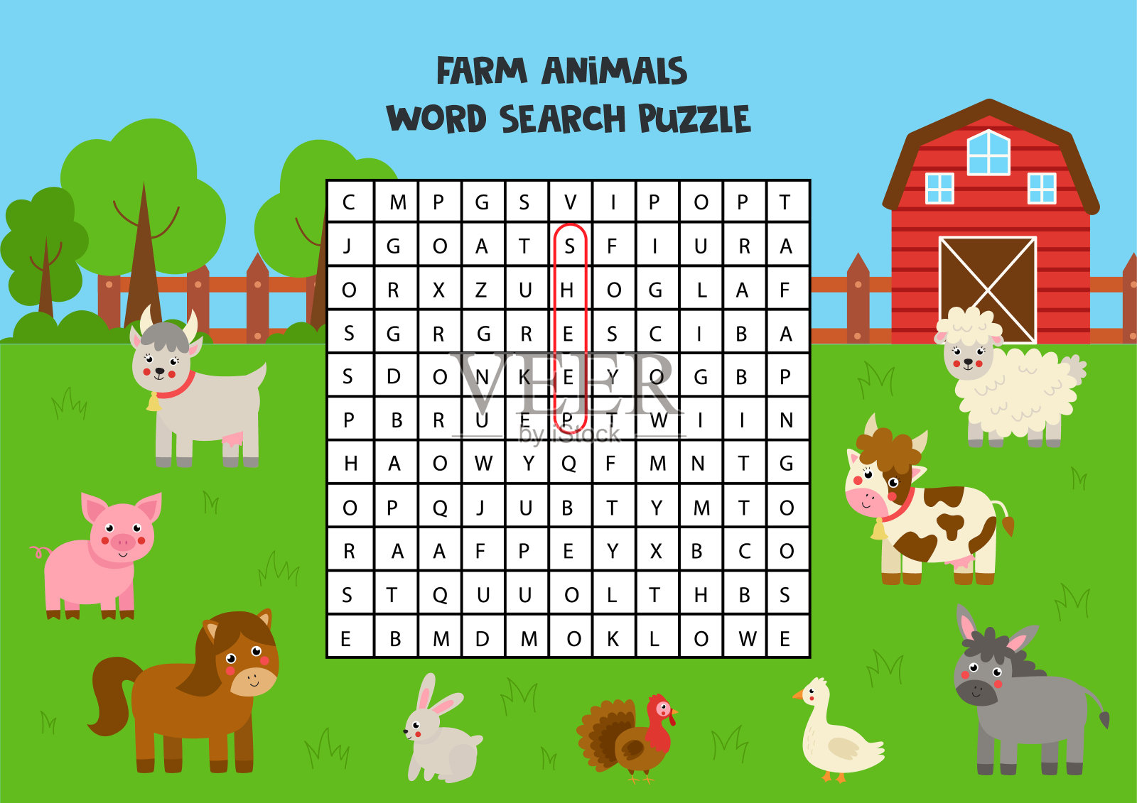 农场动物在为学龄前儿童寻找拼图。插画图片素材