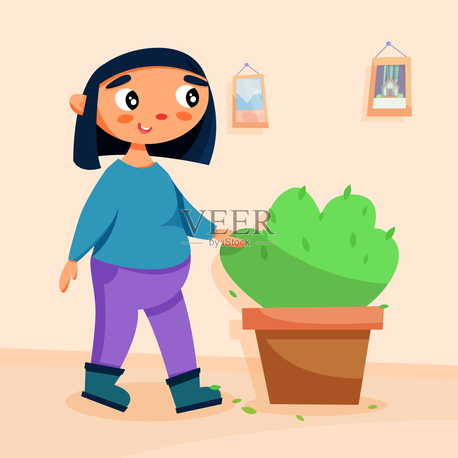 女孩与家植物。植物护理。矢量图插画图片素材