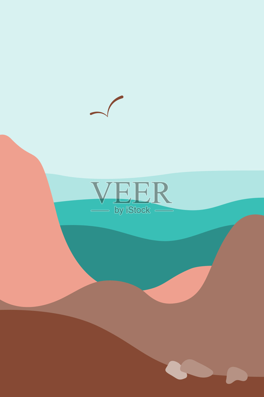 矢量景观海报，极简的波西米亚风格墙艺术，手绘设计，山，海，抽象形状，大地调色板颜色插画图片素材