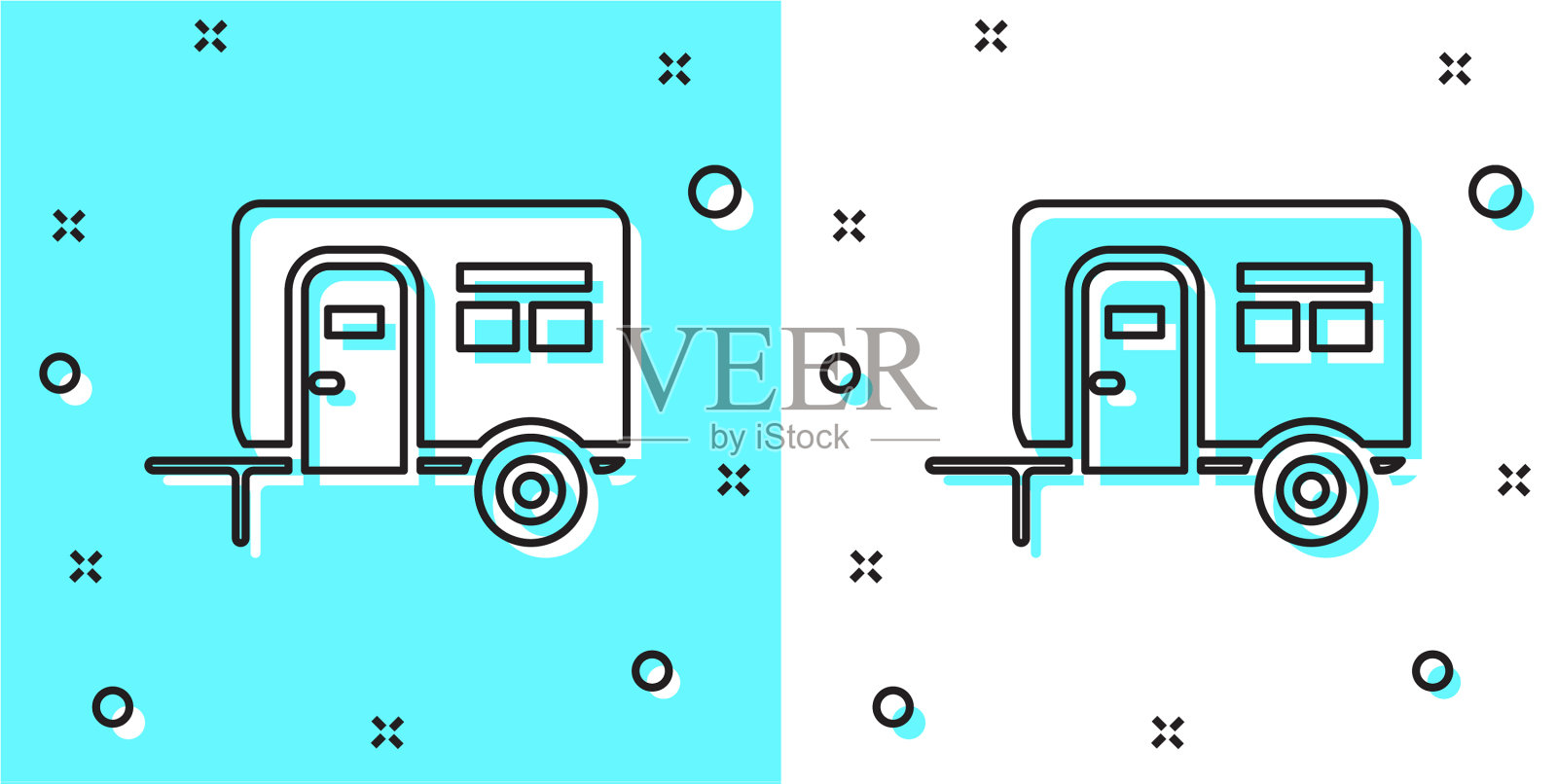 黑色线房车露营拖车图标孤立上插画图片素材