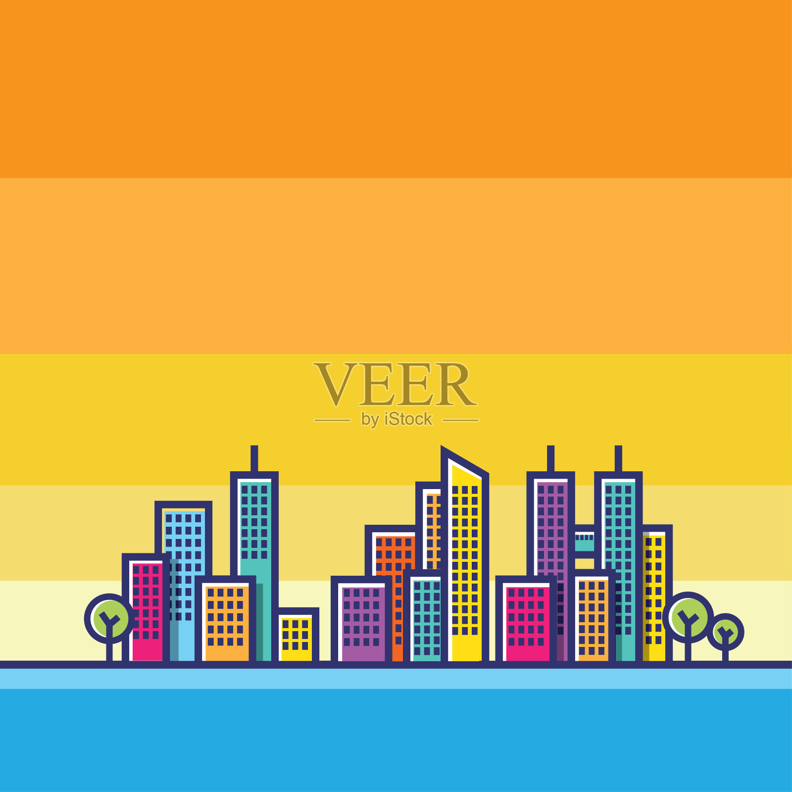 现代色彩丰富的城市景观矢量插图，城市城市景观插画图片素材