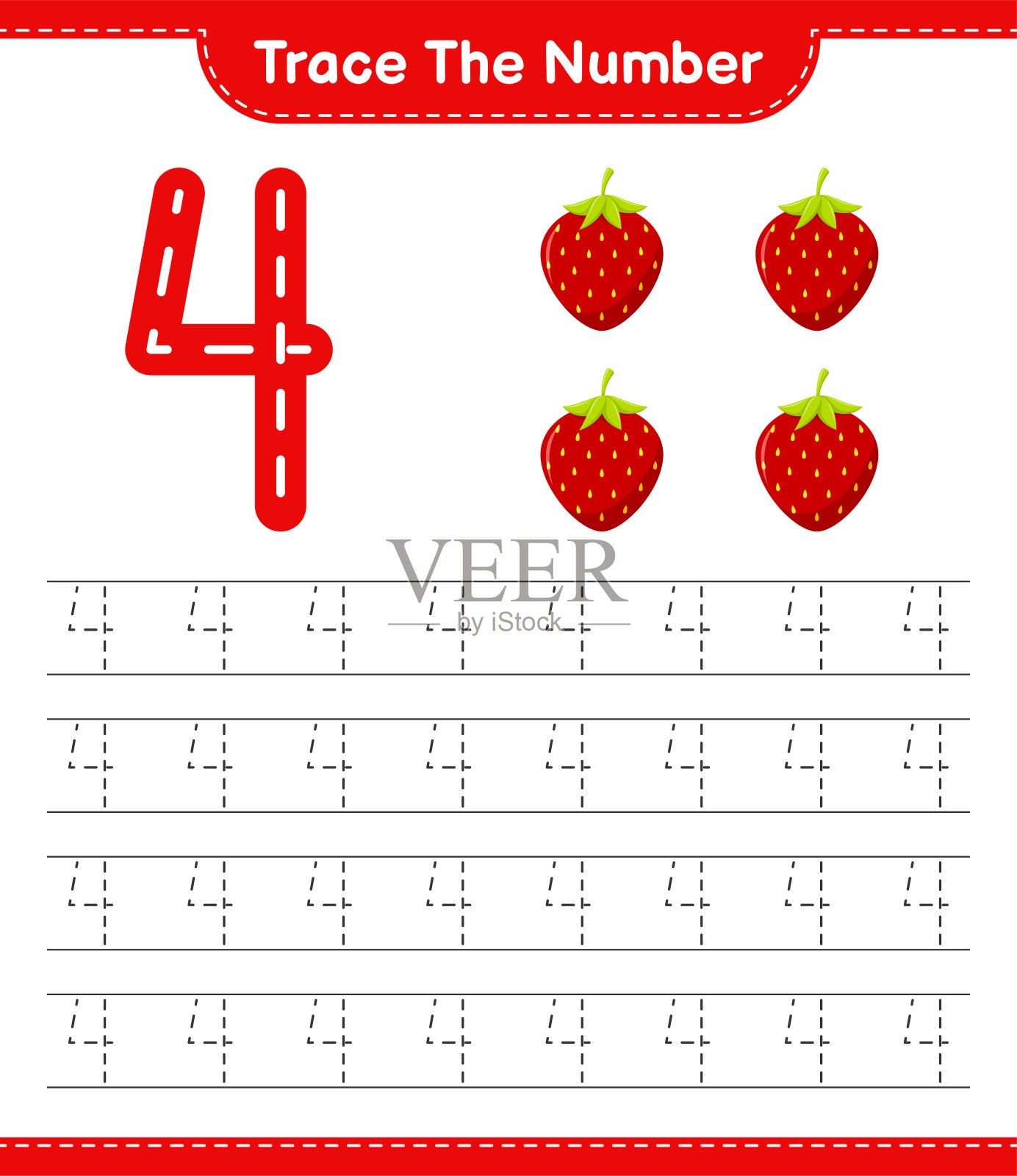 跟踪号码。追踪号码与草莓。教育儿童游戏，可打印的工作表，矢量插图插画图片素材