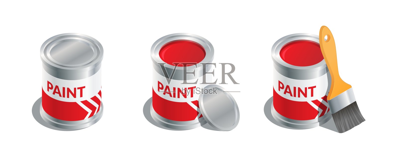 等距矢量插图打开和关闭油漆桶和刷子隔离在白色背景。逼真的油漆罐和刷子图标在平面卡通风格。翻新用的红漆锡桶。图标素材