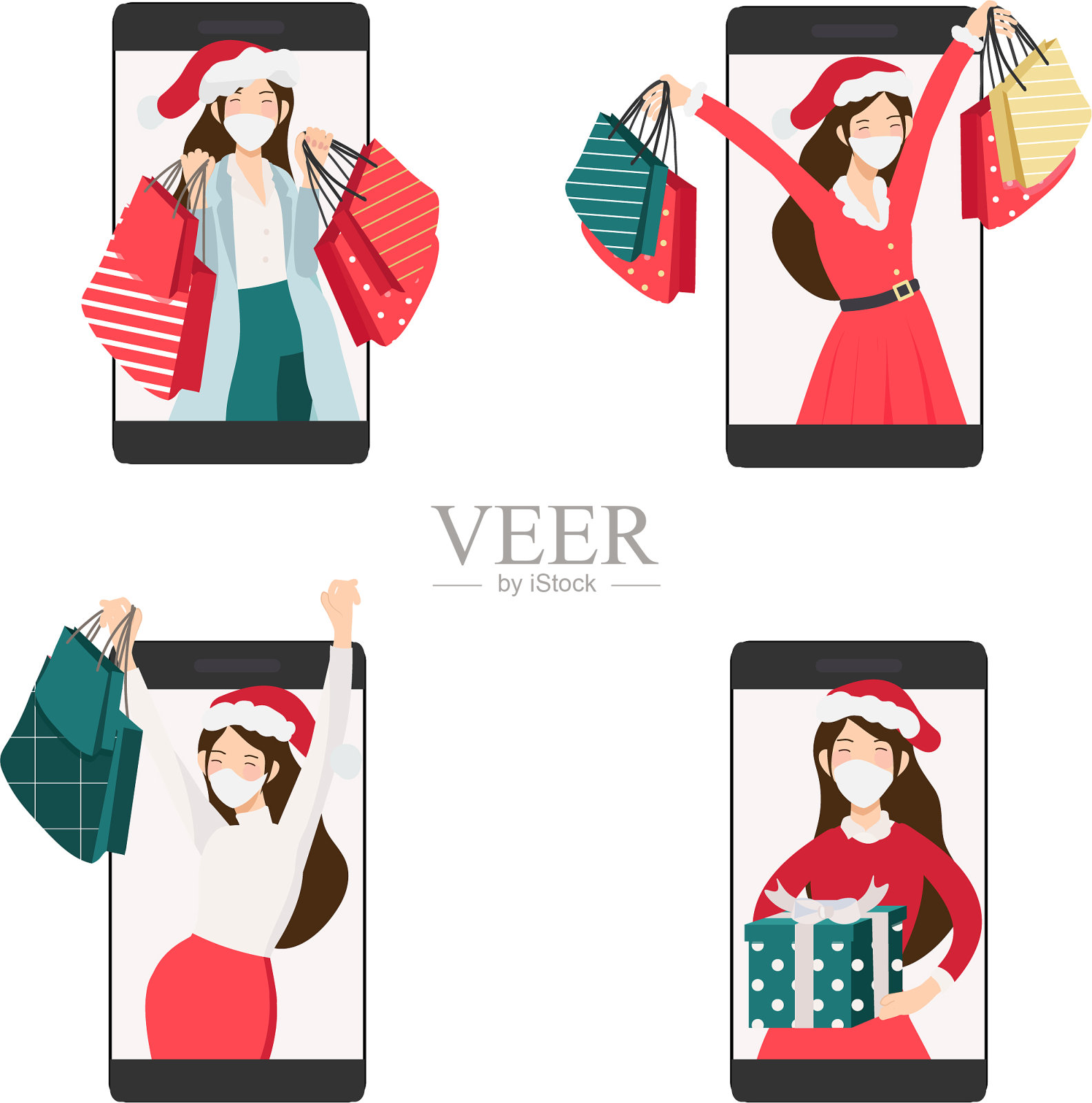 圣诞节的女人穿着红色和绿色的裙子在网上插画图片素材