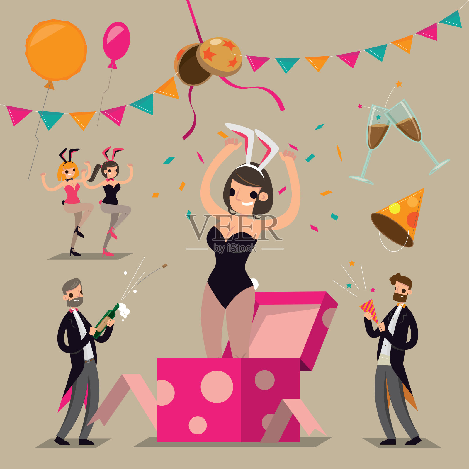 兔女郎们在晚会上表演和庆祝插画图片素材