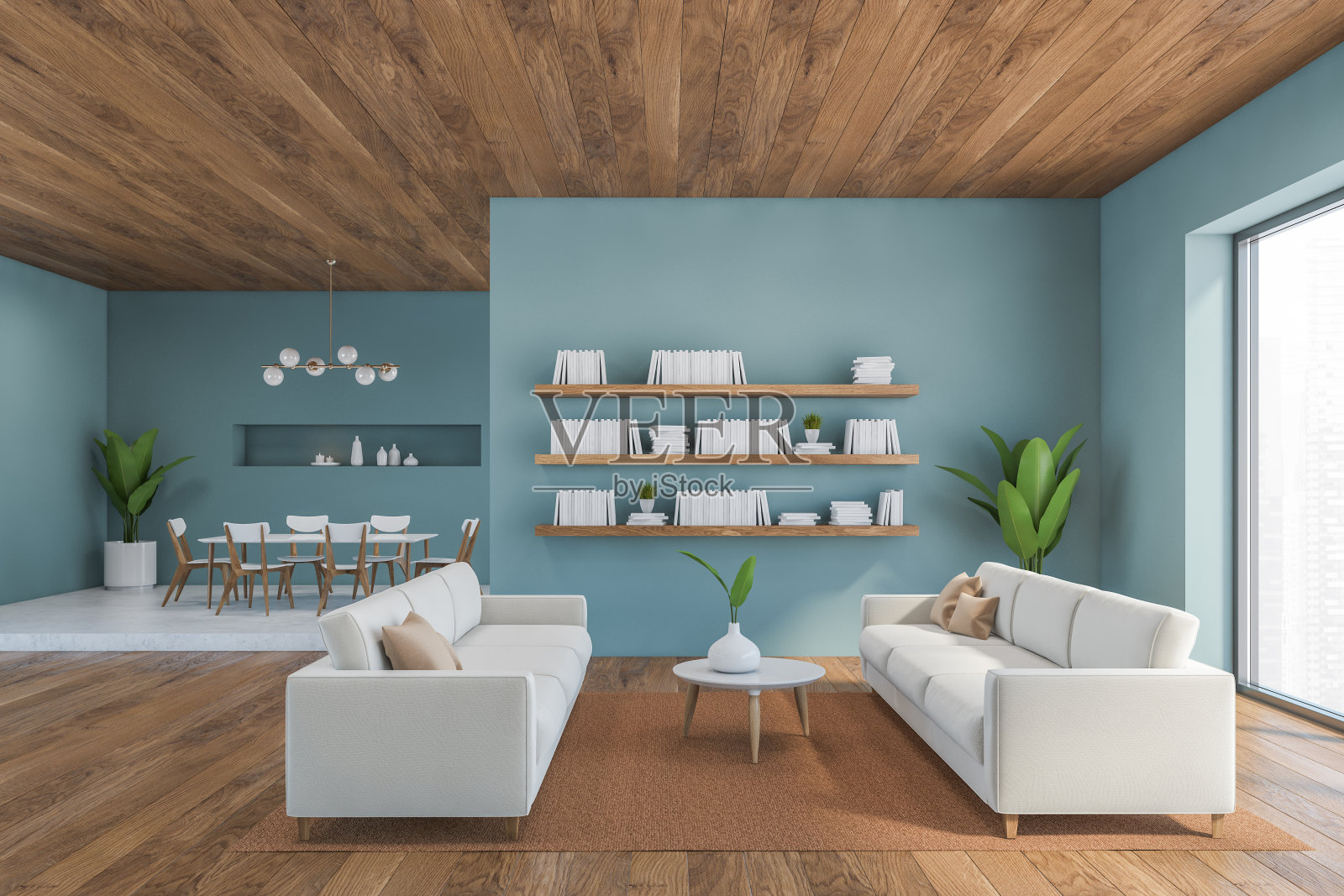 蓝色木质客厅，沙发和咖啡桌，书架和书照片摄影图片