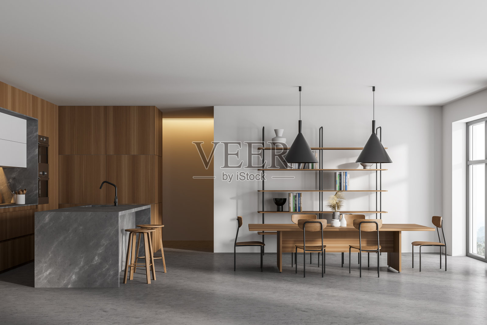 白色和木制厨房内部与桌子照片摄影图片