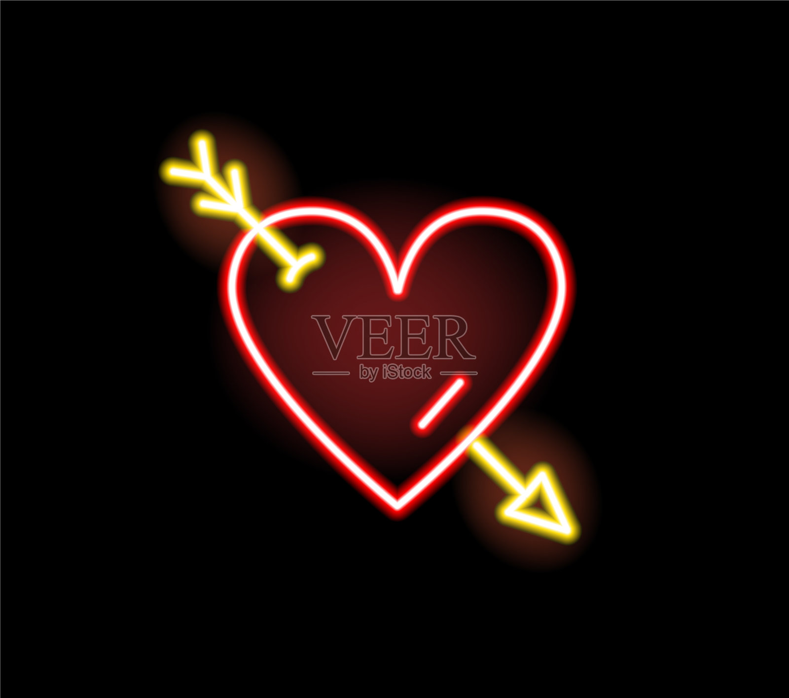 红色心形箭头是霓虹灯的标志设计元素图片