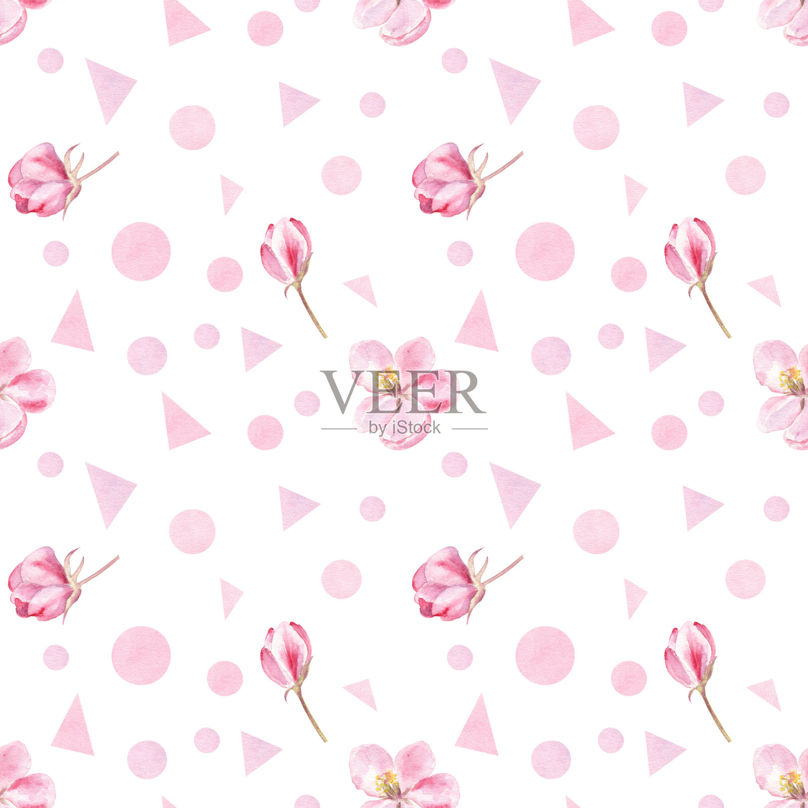 苹果花和几何形状的图案在白色的背景。优雅的弹簧的设计。插画图片素材