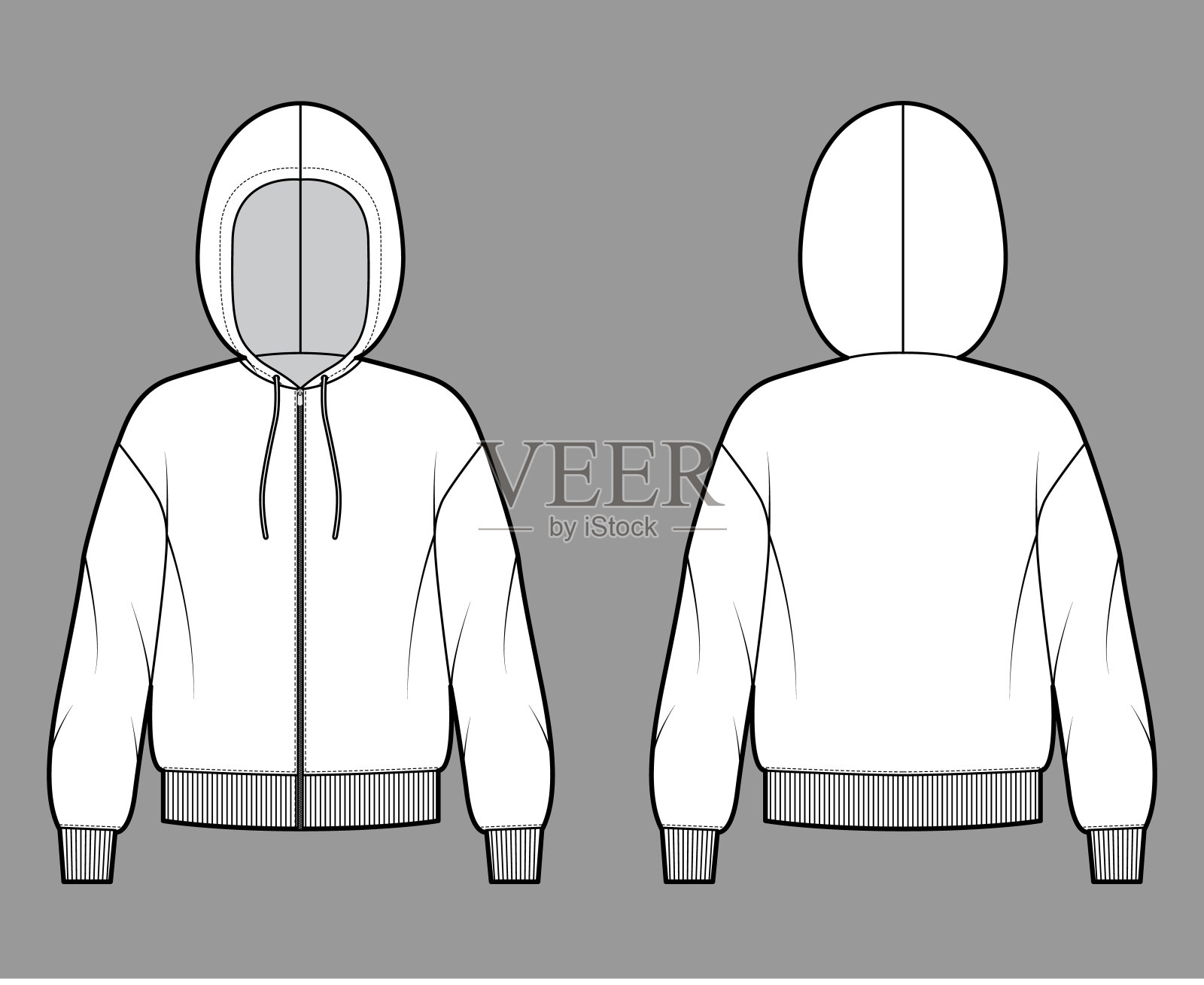 拉链卫衣运动衫技术时尚插图与长袖，超大的身体，针织罗纹袖口，带状下摆插画图片素材