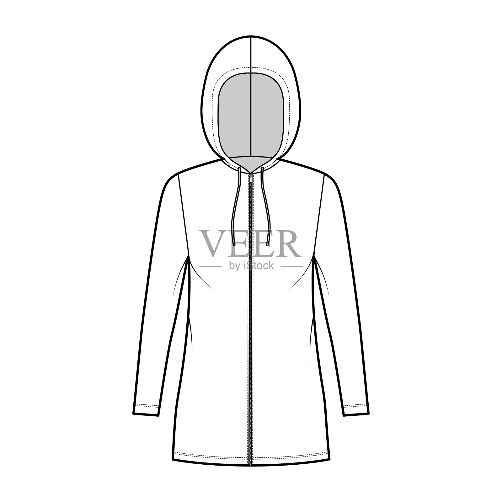 拉链连帽衫技术时尚插画长袖，迷你长，超大的身体，铅笔丰满。平插画图片素材