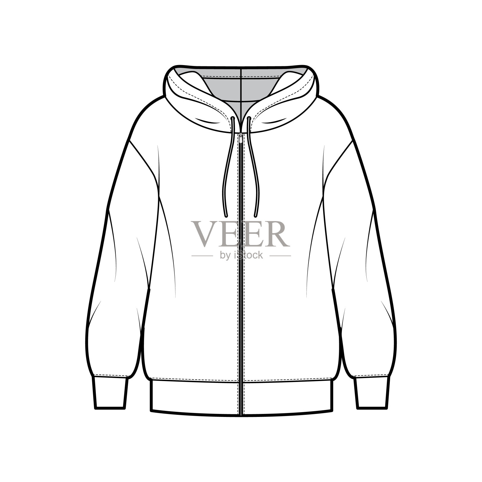 拉链连帽衫的技术时尚插图与长袖，超大的身体，带状下摆，拉绳。平插画图片素材